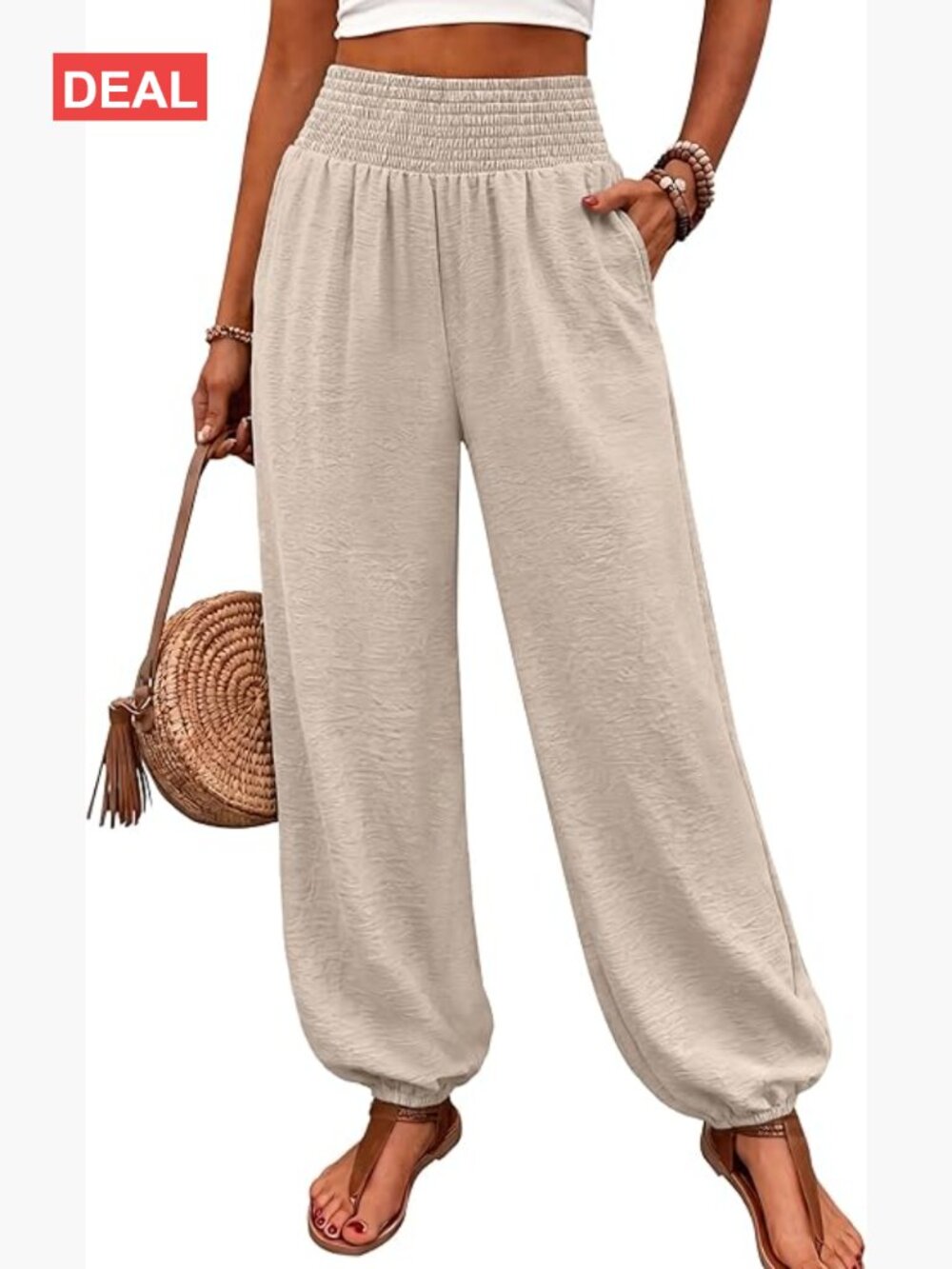Smocked High Waist Harem Pants, Lightweight Linen Look Balloon Pants with